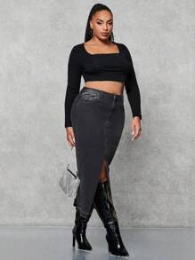 SHEIN BAE Hơn Cao eo Tách đùi Váy Denim - Xám - Xem 4