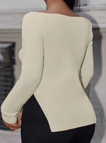 RueChic Plus Sweetheart Neck Split Hem Sweater - Beige - View 2