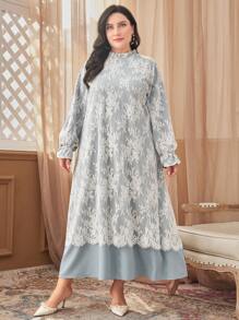 Mulvari Plus Flare Sleeve Eyelash Lace Overlay Dress