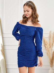 RueChic Teen Girl Off Shoulder Ruched Glitter Dress - Blue - View 1