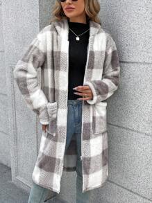 SHEIN LUNE Họa tiết kẻ sọc trâu Túi Kép áo có mũ Áo khoác Teddy - Xám - Xem 4