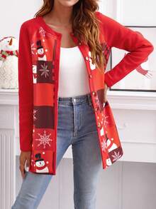 SHEIN LUNE Christmas Snowman Print Raglan Sleeve Coat - Red - View 4