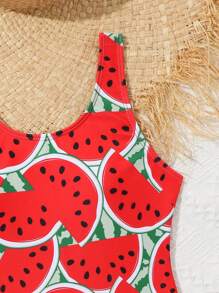 SHEIN Tween Girl Watermelon Print One Piece Swimsuit Summer Holiday Summer Pink Swim Bohemian Summer Holiday Cute - Red - View 3