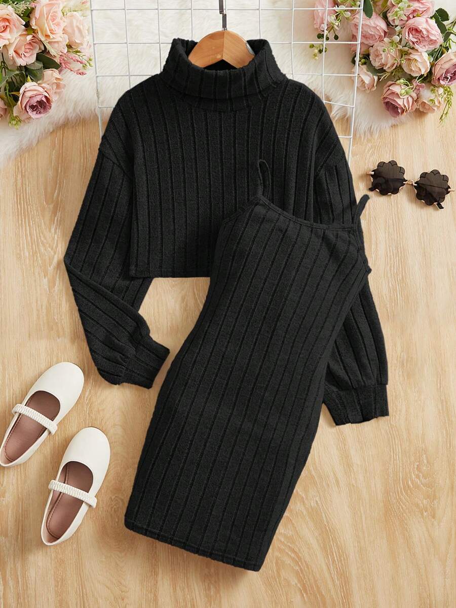 SHEIN 女大童高領落肩袖上衣&吊帶洋裝 - 黑色 - 查看 1