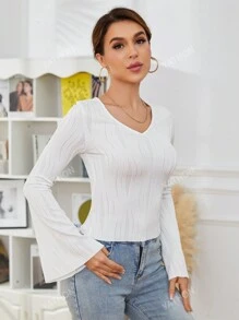 Solid V Neck Flare Sleeve Tee