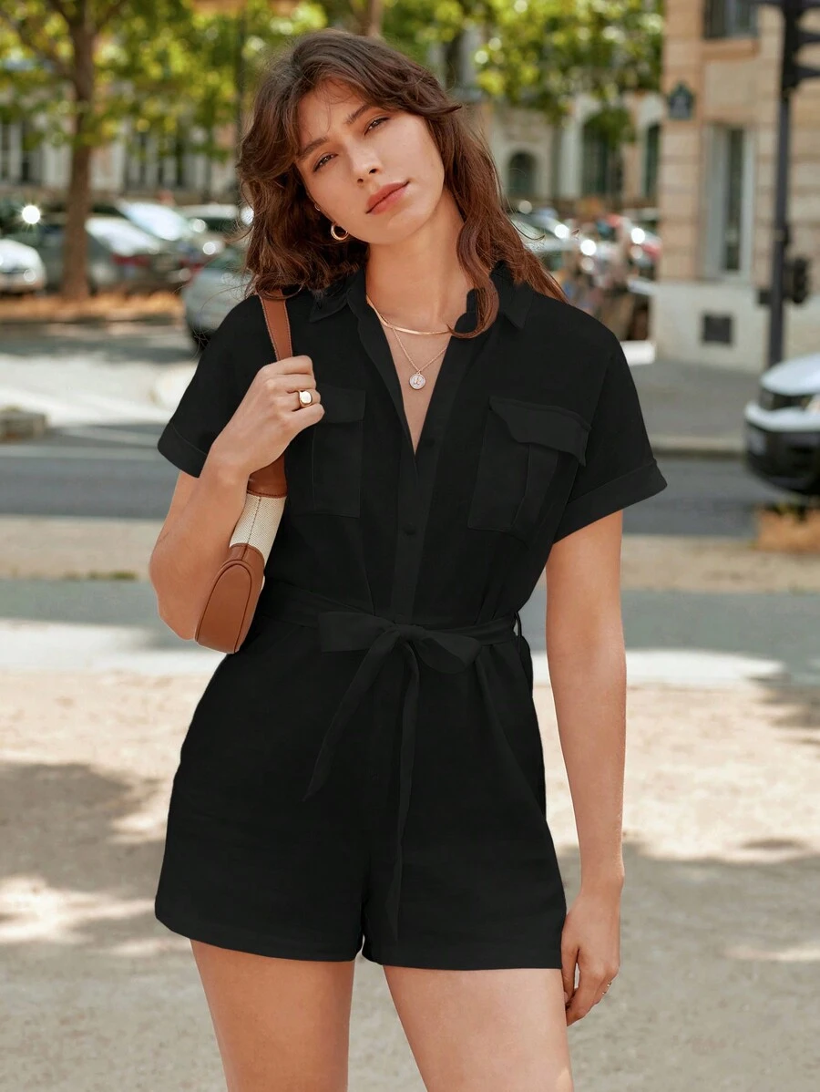 Poéselle 翻蓋口袋前紐扣腰帶襯衫連體短褲 - 黑色 - 查看 1