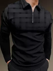Manfinity 男士幾何印花1/4拉鍊POLO衫 - 黑色 - 查看 1