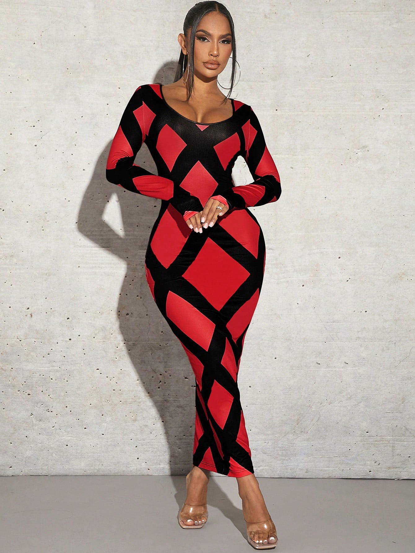 SHEIN SXY Plaid Print Scoop Neck Bodycon Long Sleeve Dress Birthday Outfit Spring Women Clothes