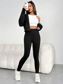 SHEIN EZwear Solid Phone Pocket Side Leggings - Black - View 4