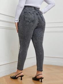 SHEIN LUNE 大碼腰部交疊緊身牛仔褲 - 黑色 - 查看 2
