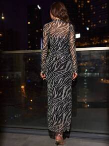 RueChic Zebra Pattern Printed Long Sleeve Slim Fit Bodycon Dress - Grey - View 3