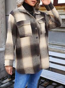 SHEIN Frenchy Plus Plaid Print Drop Shoulder Flap Pocket Coat Winter Fall Autumn - Coffee Brown - View 4