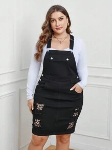 SHEIN Privé Hơn In hoa Báo Rách Đầm denim Without Tee - màu đen - Xem 5