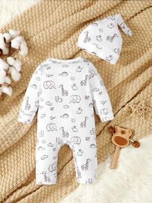 Baby Girl Elephant Print Jumpsuit & Hat - White - View 2