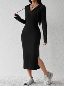SHEIN EZwear Split Thigh Drawstring Hooded Dress - Black - View 1