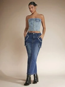 SHEIN BAE Jupe En Jean Ourlet Effiloché Poche À Rabat