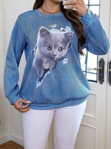 Calvaya Sudadera casual de cuello redondo con estampado de gato de dibujos animados para mujer talla grande en otoño/invierno - Azul - Ver 1