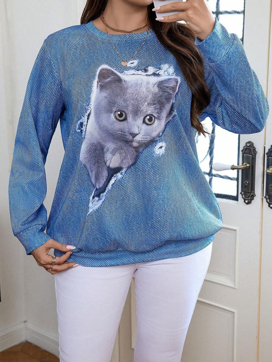 Calvaya Sudadera casual de cuello redondo con estampado de gato de dibujos animados para mujer talla grande en otoño/invierno - Azul - Ver 1