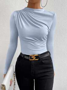 VaVaBold Elegant Commuter Solid Color Ruched Fitted Long Sleeve T-Shirt - Blue - View 5