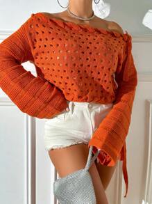 Allurite 一字肩側打結鏤空針織套頭毛衣 - 巧克力棕 - 查看 4