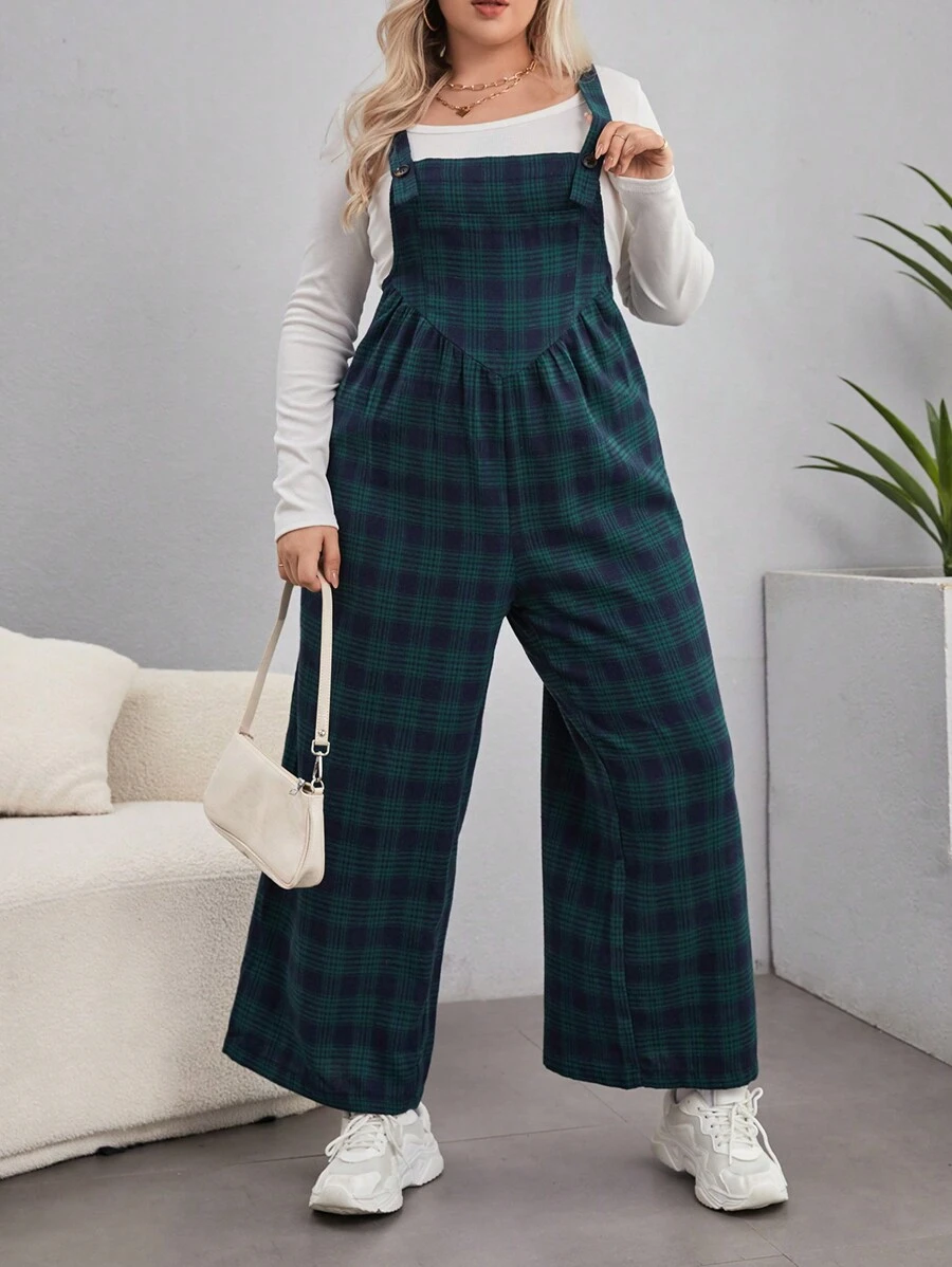 SHEIN EZwear Plus Plaid Print Overall Jumpsuit Without Tee - Green - View 1