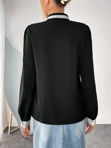 SHEIN Privé Camisa Con Cuello Anudado Y Ribete En Contraste - Negro - Ver 2