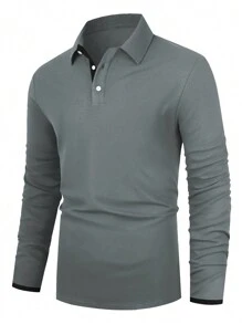 Manfinity Homme Men Contrast Trim Polo Shirt, Men Long Sleeve Polo Shirt, Men Grey Polo Shirt, Men Golf Shirt - Grey - View 3