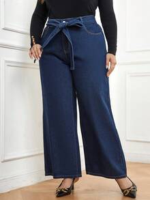 SHEIN LUNE Plus High Waist Belted Wide Leg Jeans - Blue - View 3