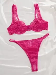 Lencería compuesta por sostén con aro con adorno de encaje floral y tanga - Rosa Fucsia - Ver 2
