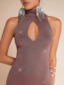 SHEIN BAE فستان صوف ضيق مقصوص امامي لامع - أحمر بنفسجي - مشاهدة 6