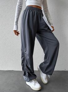 SHEIN Cottnline Solid Elastic Waist Slant Pocket Ruched Side Sweatpants - Grey - View 4