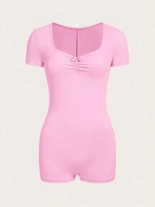 SHEIN EZwear Solid Ruched Unitard Romper - Pink - View 1