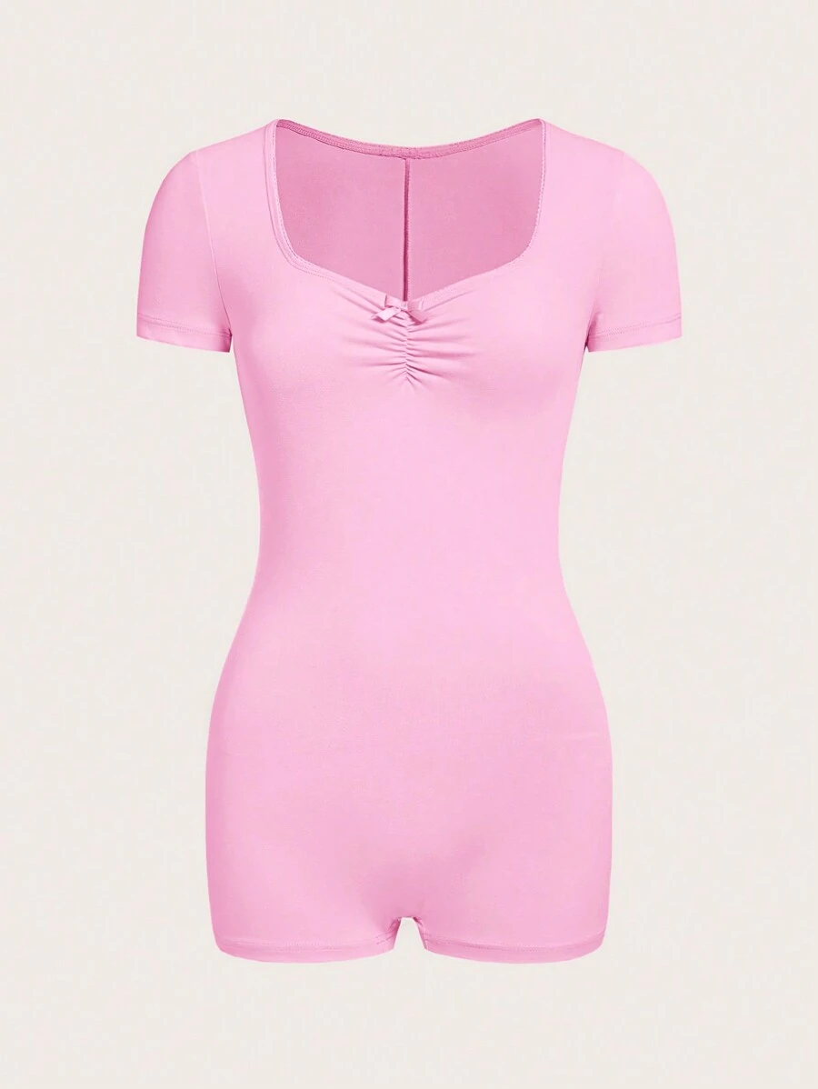 SHEIN EZwear Solid Ruched Unitard Romper - Pink - View 1