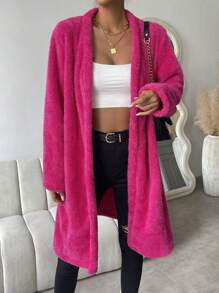 SHEIN Essnce 素色開門襟法蘭絨外套 - 玫紅色 - 查看 1