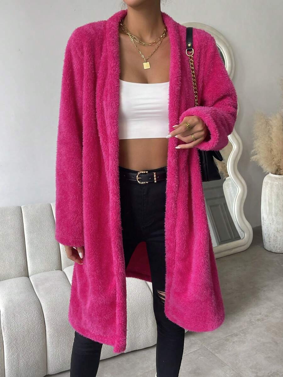 SHEIN Essnce 素色開門襟法蘭絨外套 - 玫紅色 - 查看 1