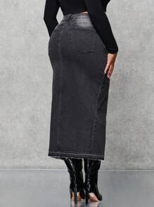 SHEIN BAE Hơn Cao eo Tách đùi Váy Denim - Xám - Xem 2