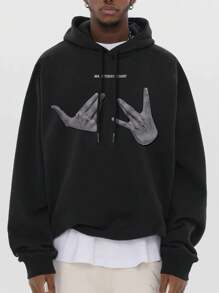 Manfinity Nam Slogan & In tay Dây rút Hoodie - màu đen - Xem 1