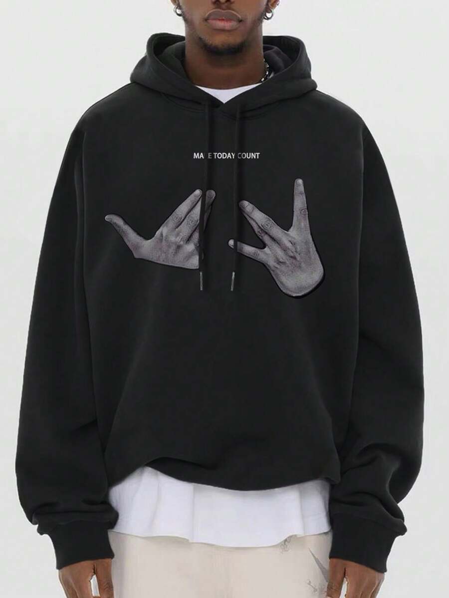 Manfinity Nam Slogan & In tay Dây rút Hoodie - màu đen - Xem 1
