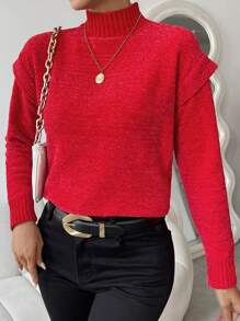 Chiquease Áo len cổ cao, vai rớt, chất liệu dệt kim, thích hợp cho mùa thu đông. - Đỏ - Xem 5