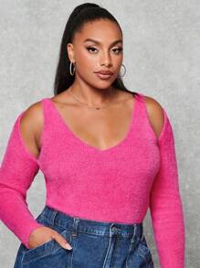SHEIN BAE Plus Cold Shoulder Sweater - Hot Pink - View 1