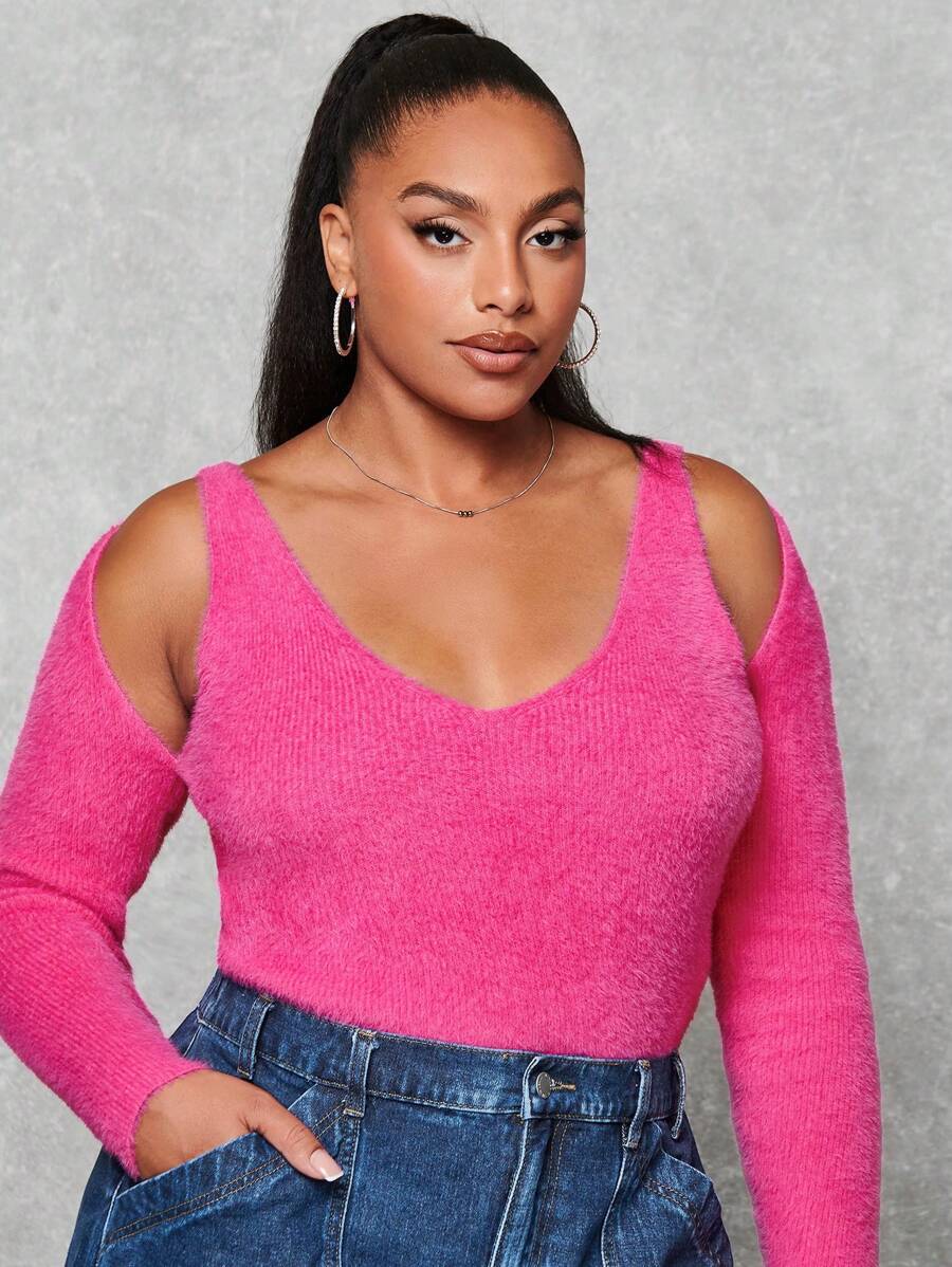 SHEIN BAE Plus Cold Shoulder Sweater - Hot Pink - View 1