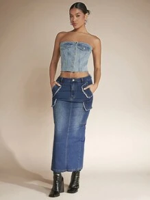 SHEIN BAE Jupe En Jean Ourlet Effiloché Poche À Rabat