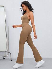 Easithlete Solid Flare Leg Cami Jumpsuit - Coffee Brown - View 2