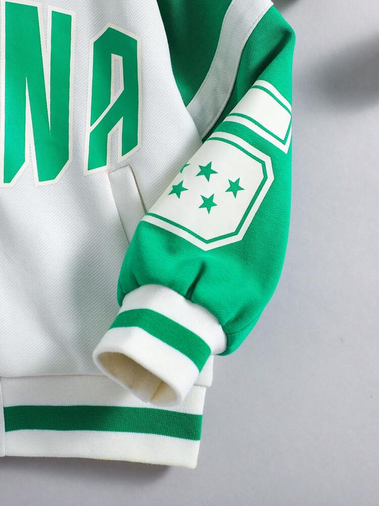 Young Boy Letter Graphic Raglan Sleeve Varsity Jacket