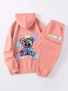 INAWLY Đồ họa Chữ Và Gấu Dây rút Lót nhiệt Áo Hoodie & Quần thể thao - Màu Hồng  San hô - Xem 1
