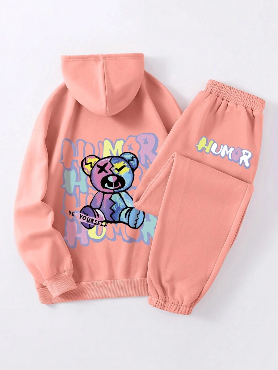 INAWLY Đồ họa Chữ Và Gấu Dây rút Lót nhiệt Áo Hoodie & Quần thể thao - Màu Hồng  San hô - Xem 1
