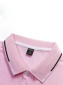 Manfinity Homme Men Contrast Trim Polo Shirt, Pink Tops For Men, Polo Shirts For Men Long Sleeve, Baby Pink Shirt For Men, Fall - Pink - View 4