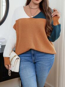 Calvaya 大碼撞色落肩袖套頭毛衣 - 彩色 - 查看 6