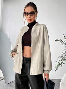 SHEIN Essnce Drop Shoulder Button Front Slant Pocket Coat - Beige - View 3