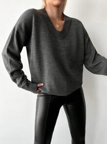 EURMUSE V Neck Drop Shoulder Sweater - Dark Grey - View 3